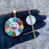 Rainbow Flower Happy Face CZ Pendant Gold Plated Stainless Steel Cuban Chain 24"