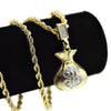 Sand Blast Money Bag Gold Finish Rope Chain Necklace 24"