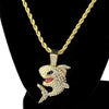 Shark Iced Pendant Gold Finish Rope Chain Necklace 24"