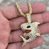 Shark Iced Pendant Gold Finish Rope Chain Necklace 24"