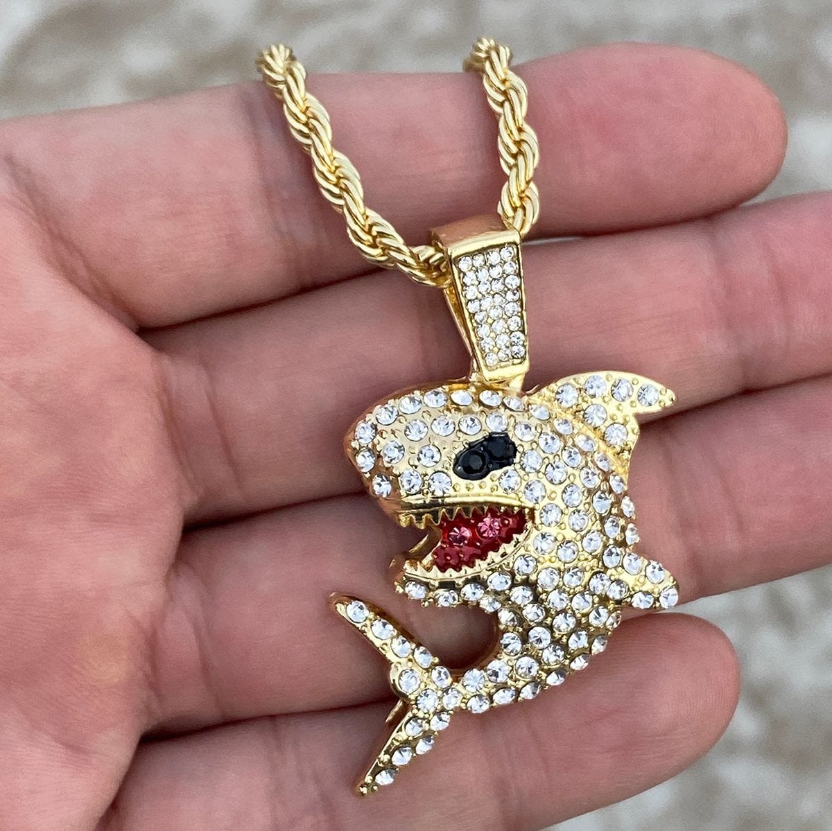 Shark Iced Pendant Gold Finish Rope Chain Necklace 24