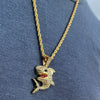 Shark Iced Pendant Gold Finish Rope Chain Necklace 24"