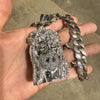 Silver Tone Cuban Link Jesus Head Iced Flooded Out Pendant Chain Necklace
