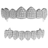 Silver Tone Eight on 8 Teeth Vampire Fangs Grillz Set Iced CZ Flooded Out