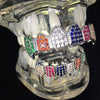 Silver Tone Iced CZ Rainbow Vampire Fangs Grills Set