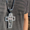 Silver Tone Open Cross Combo  Pendant Cuban Chain Necklace 30"