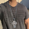 Silver Tone Open Cross Combo  Pendant Cuban Chain Necklace 30"