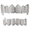 Silver Tone Premium CZ Iced Vampire Fangs Grillz Set