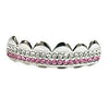 Silver Tone Two-Row Pink Iced Top Teeth Grillz