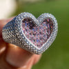 Solid 925 Sterling Silver Big Heart Ring Pink Iced CZ Flooded Out