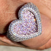 Solid 925 Sterling Silver Big Heart Ring Pink Iced CZ Flooded Out