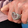 Solid 925 Sterling Silver Big Heart Ring Pink Iced CZ Flooded Out