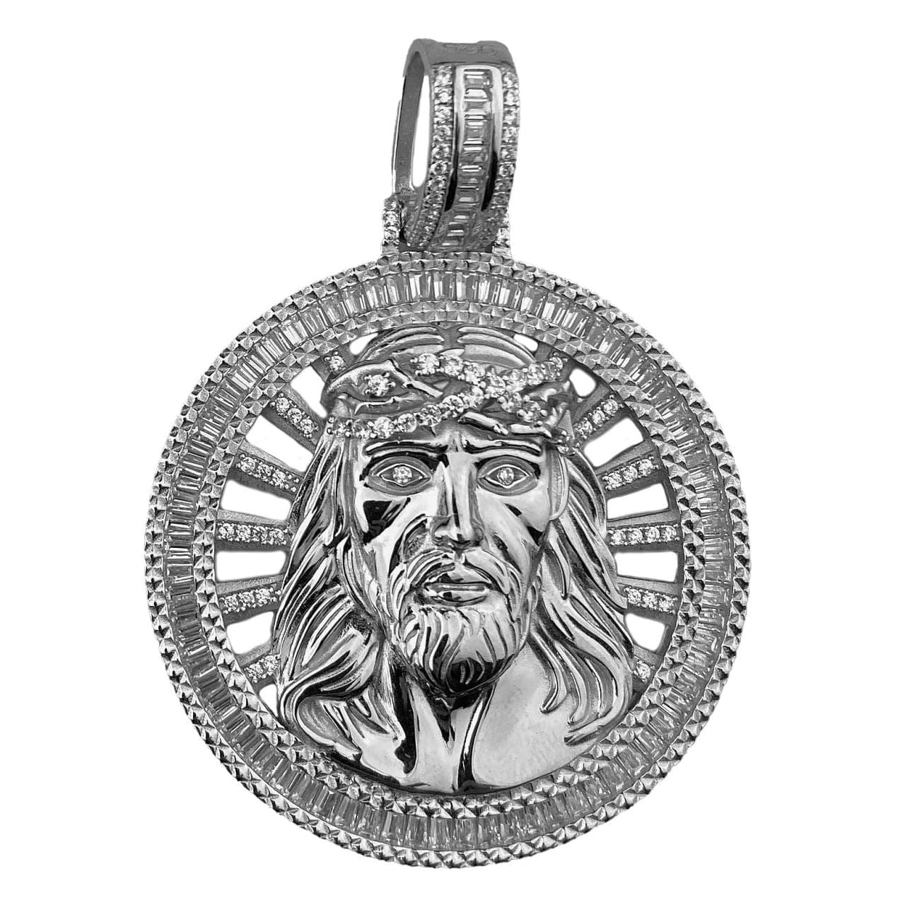 925 Sterling Silver Jesus Wheel Medallion CZ Round Pendant