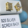Square Screw Back Earrings Gold Finish over 925 Silver Iced CZ 7 mm