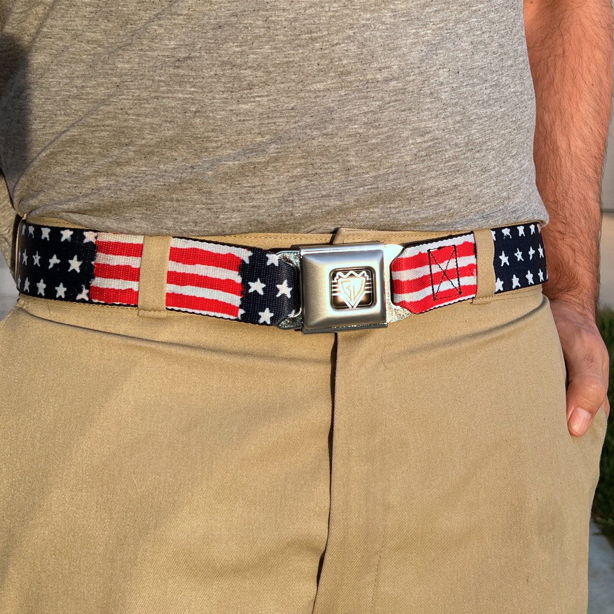 BD Wings Logo CLOSE-UP Black/Silver Seatbelt Belt - Stars & Stripes2 B