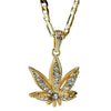Weed Leaf Iced Pendant Gold Finish 24" Figaro Chain Necklace